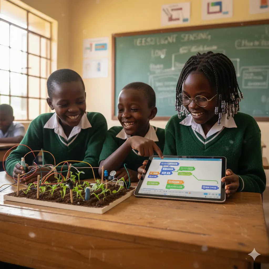 Pupils in class showing a block-code tablet app and a sensor garden they built