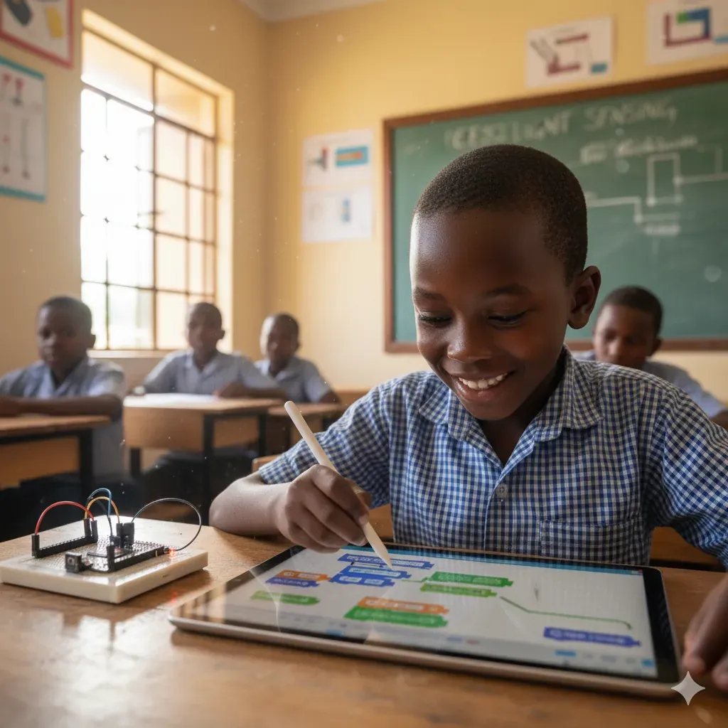 A pupil building a block-code program on a tablet in class