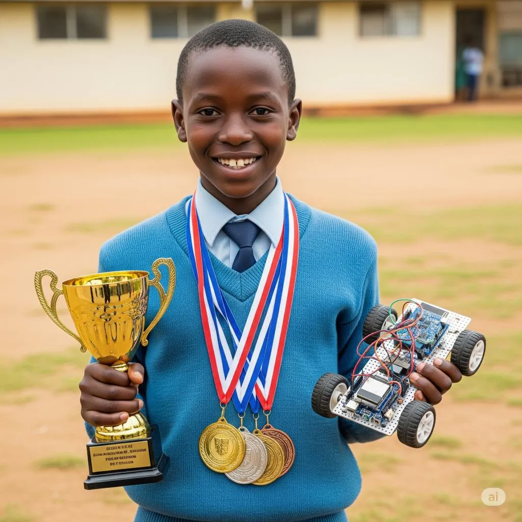 A pupil holding a winner's trophy, medals and his robot car